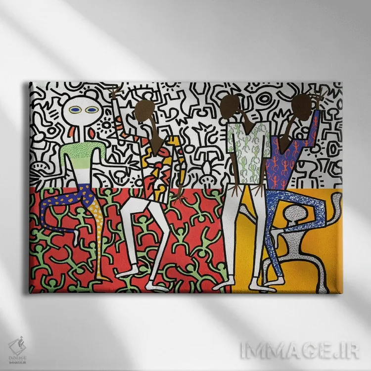 تابلو مهمانی رقص با الهام از هَرینگ یک (ژانر هنری کیت هَرینگ) اثر فرانتیشک فلوریان - نمای روبهرو روی دیوار