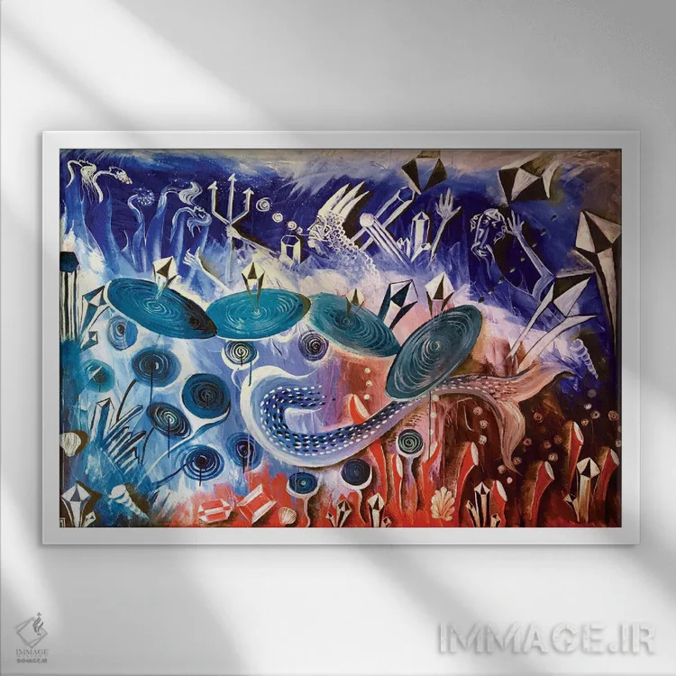 تابلو اشکال آبستره رنگارنگ دو اثر فرانتیشک فلوریان - نمای قابدار سفید