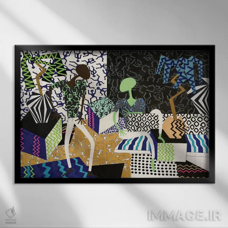 تابلو مهمانی رقص با الهام از هَرینگ چهار (ژانر هنری کیت هَرینگ) اثر فرانتیشک فلوریان - نمای قابدار مشکی