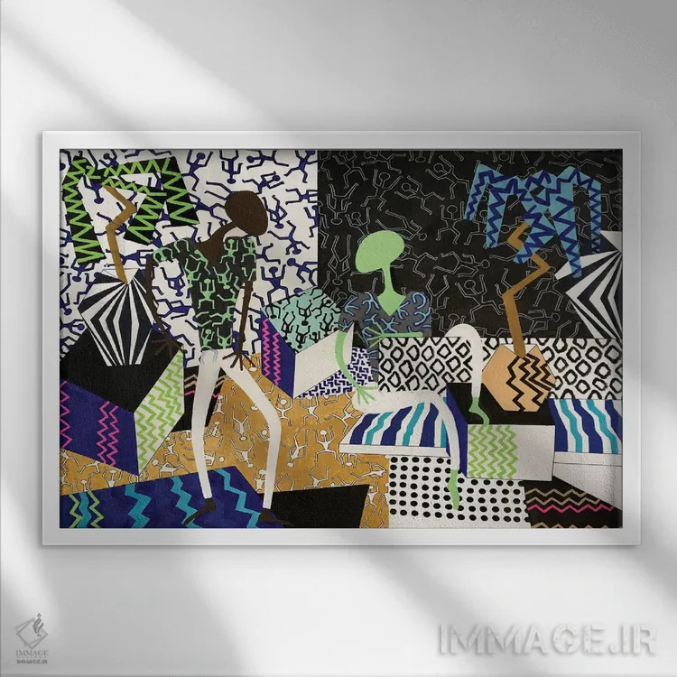 تابلو مهمانی رقص با الهام از هَرینگ چهار (ژانر هنری کیت هَرینگ) اثر فرانتیشک فلوریان - نمای قابدار سفید