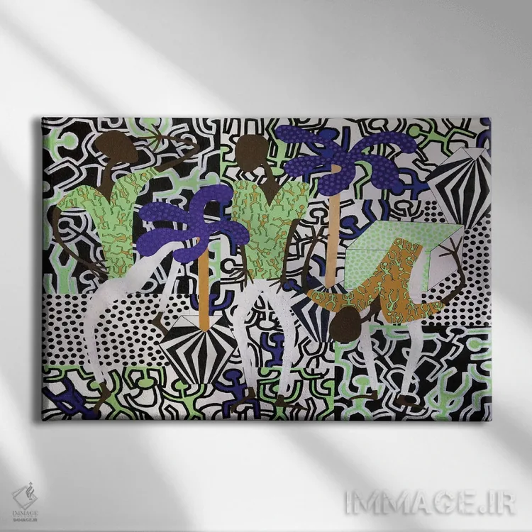 تابلو مهمانی رقص با الهام از هَرینگ شش (ژانر هنری کیت هَرینگ) اثر فرانتیشک فلوریان - نمای روبهرو روی دیوار