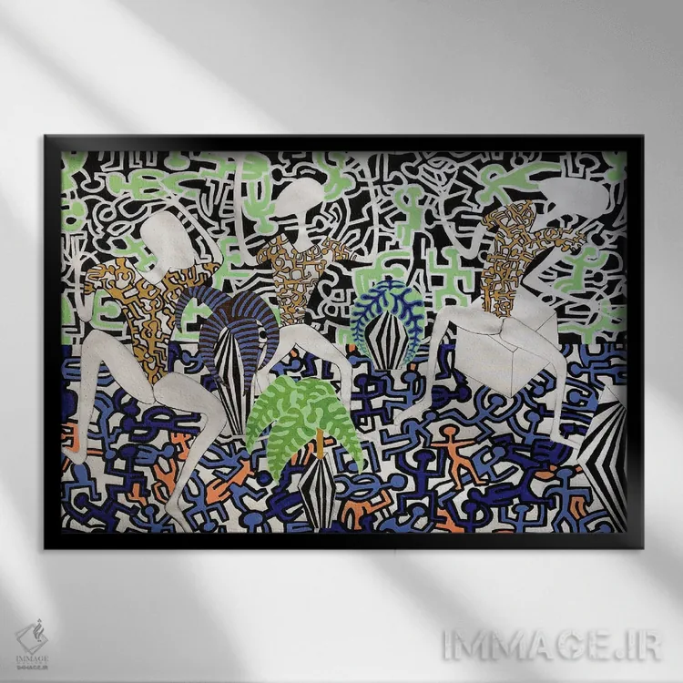 تابلو مهمانی رقص با الهام از هَرینگ نه (ژانر هنری کیت هَرینگ) اثر فرانتیشک فلوریان - نمای قابدار مشکی