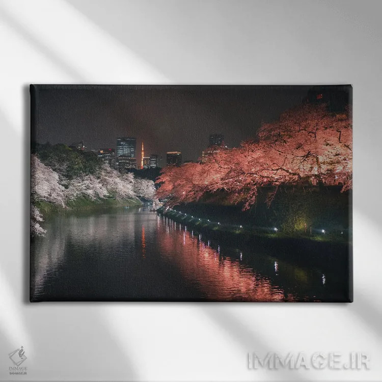 تابلو شکوفههای گیلاس توکیو در شب چهار اثر فابیان فورتمن - نمای روبهرو روی دیوار