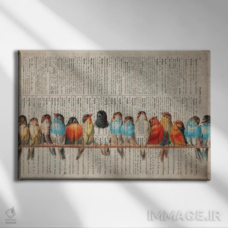 تابلو پرندگان در یک صف روی صفحهٔ قدیمی فرهنگ لغت اثر فیشرکرافت (استودیوی خلاقانه) - نمای روبهرو روی دیوار
