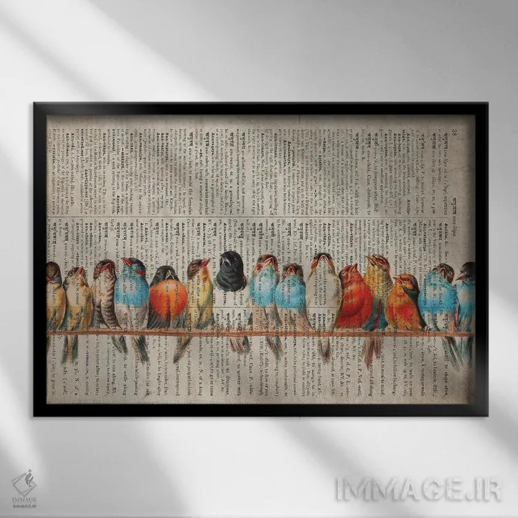 تابلو پرندگان در یک صف روی صفحهٔ قدیمی فرهنگ لغت اثر فیشرکرافت (استودیوی خلاقانه) - نمای قابدار مشکی