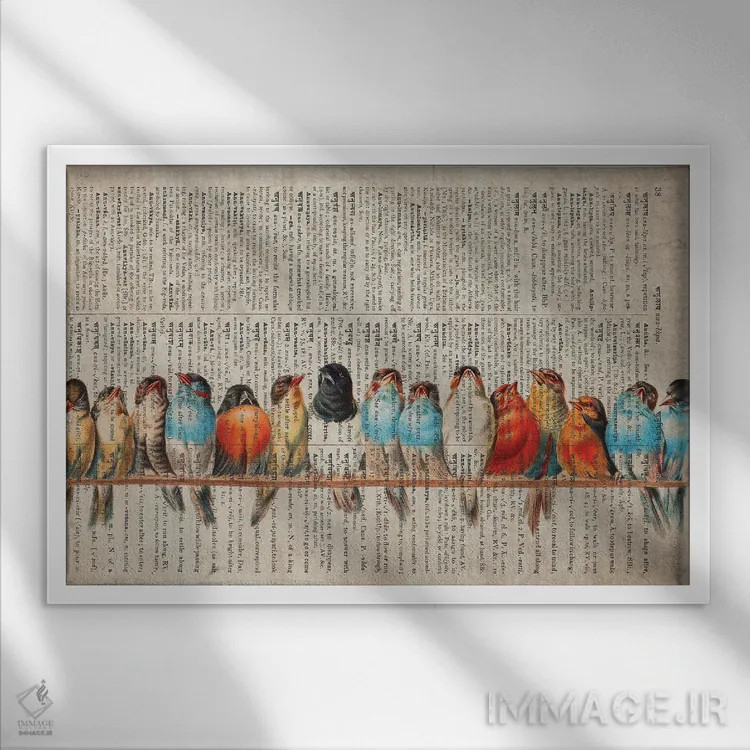 تابلو پرندگان در یک صف روی صفحهٔ قدیمی فرهنگ لغت اثر فیشرکرافت (استودیوی خلاقانه) - نمای قابدار سفید