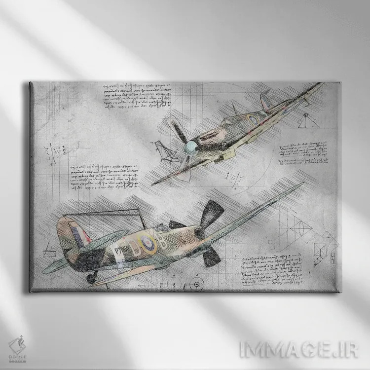 تابلو هواپیمای اسپیتفایر نیروی هوایی RAF سیاهوسفید با رنگ اثر فیشرکرافت (استودیوی خلاقانه) - نمای روبهرو روی دیوار