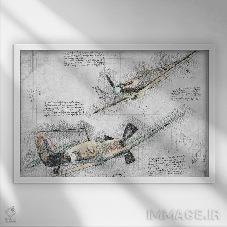 تابلو هواپیمای اسپیتفایر نیروی هوایی RAF سیاهوسفید با رنگ اثر فیشرکرافت (استودیوی خلاقانه) - نمای قابدار سفید