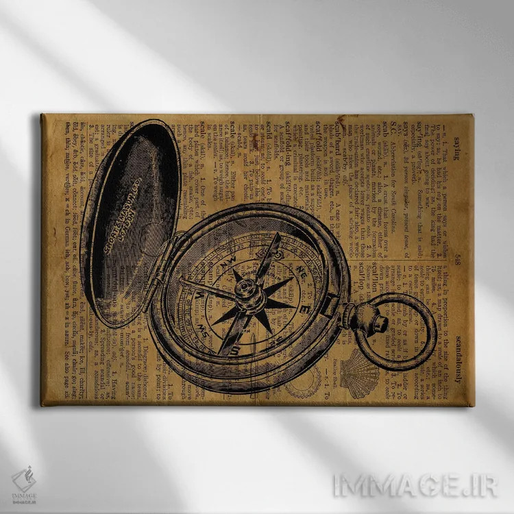 تابلو حکاکی قطبنما روی کاغذ قدیمی اثر فیشرکرافت (استودیوی خلاقانه) - نمای روبهرو روی دیوار