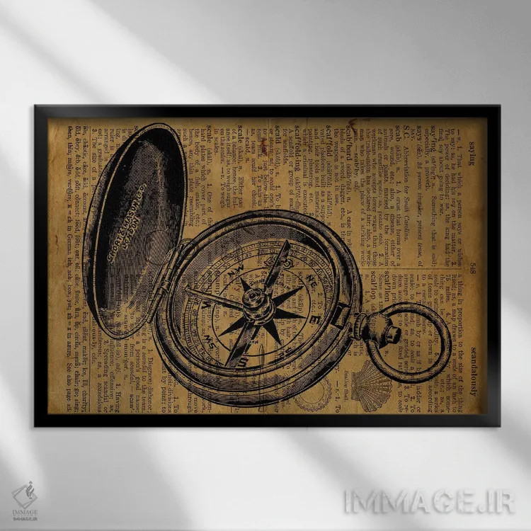 تابلو حکاکی قطبنما روی کاغذ قدیمی اثر فیشرکرافت (استودیوی خلاقانه) - نمای قابدار مشکی