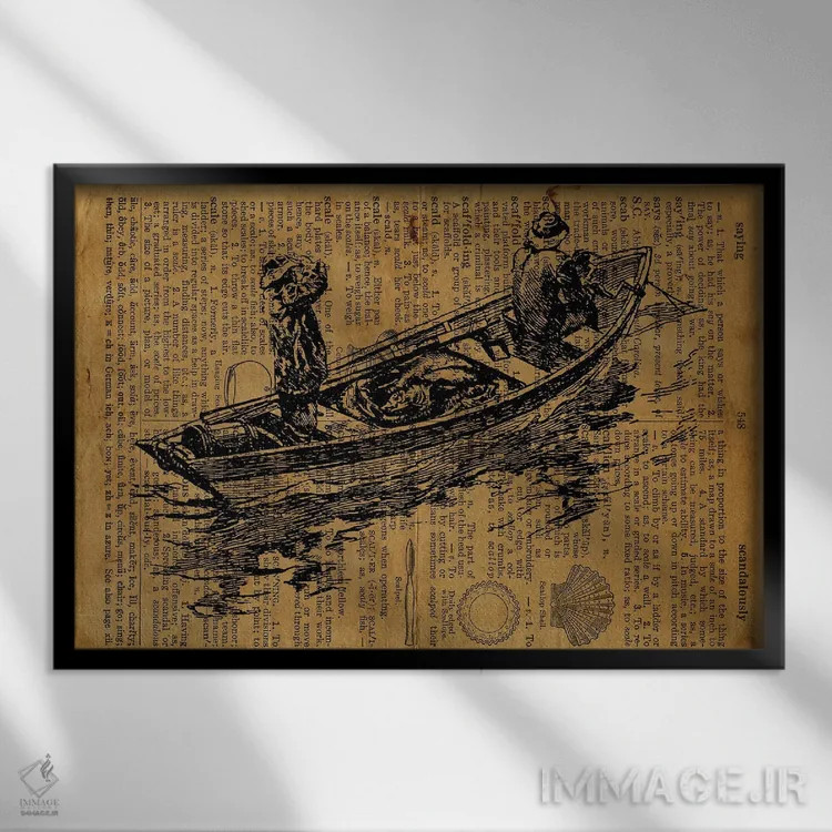 تابلو حکاکی ملوانان و قایق کوچک روی کاغذ قدیمی اثر فیشرکرافت (استودیوی خلاقانه) - نمای قابدار مشکی