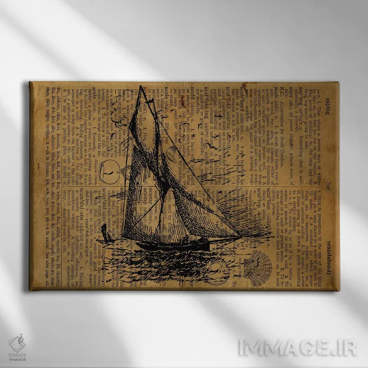 تابلو حکاکی قایق بادبانی روی کاغذ قدیمی اثر فیشرکرافت (استودیوی خلاقانه) - نمای روبهرو روی دیوار