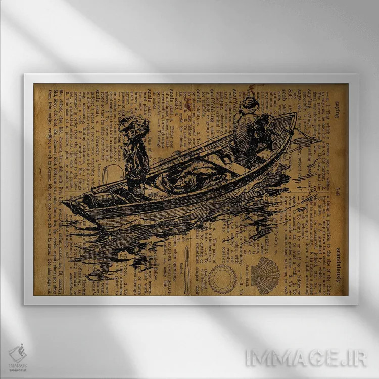 تابلو حکاکی ملوانان و قایق کوچک روی کاغذ قدیمی اثر فیشرکرافت (استودیوی خلاقانه) - نمای قابدار سفید