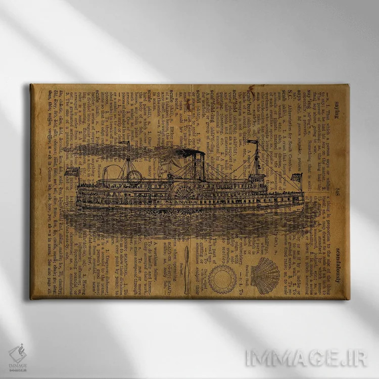 تابلو حکاکی کشتی بخار روی کاغذ قدیمی اثر فیشرکرافت (استودیوی خلاقانه) - نمای روبهرو روی دیوار