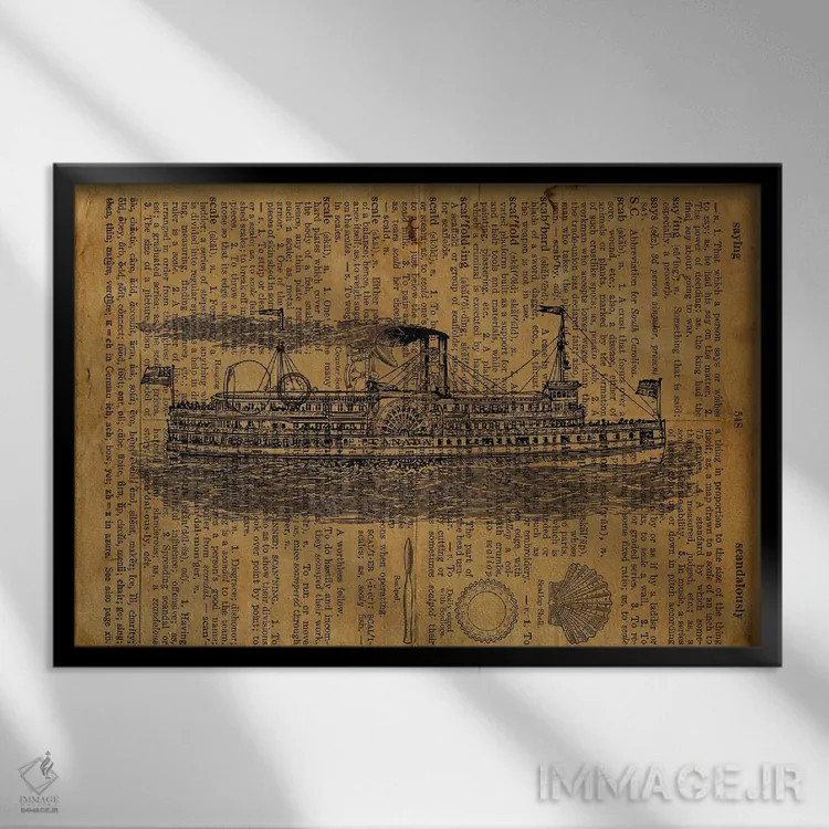 تابلو حکاکی کشتی بخار روی کاغذ قدیمی اثر فیشرکرافت (استودیوی خلاقانه) - نمای قابدار مشکی