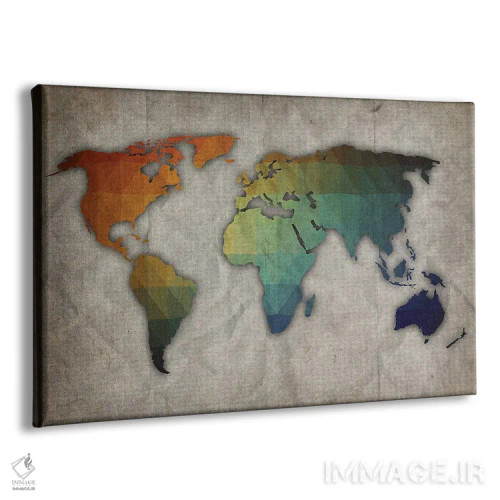 تابلو نقشه جهان نارنجی، سبز و آبی روی کاغذ قدیمی اثر فیشرکرافت (استودیوی خلاقانه) - نمای پرسپکتیو محصول