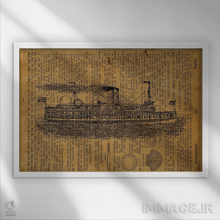 تابلو حکاکی کشتی بخار روی کاغذ قدیمی اثر فیشرکرافت (استودیوی خلاقانه) - نمای قابدار سفید