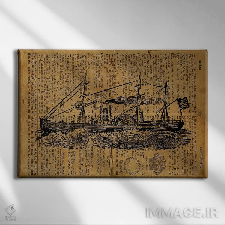 تابلو حکاکی کشتی بخار قدیمی روی کاغذ قدیمی اثر فیشرکرافت (استودیوی خلاقانه) - نمای روبهرو روی دیوار