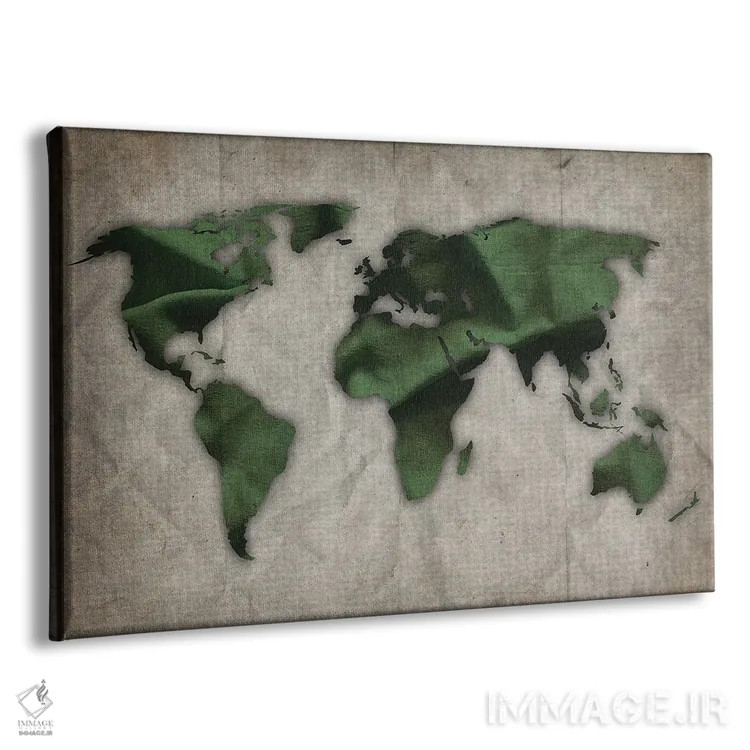 تابلو نقشه جهان سبز تیره و سبز روی کاغذ قدیمی اثر فیشرکرافت (استودیوی خلاقانه) - نمای پرسپکتیو محصول