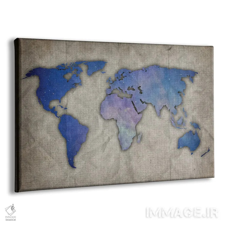 تابلو نقشه جهان آبی روشن و بنفش روی کاغذ قدیمی اثر فیشرکرافت (استودیوی خلاقانه) - نمای پرسپکتیو محصول