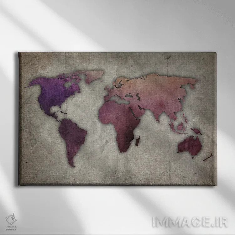 تابلو نقشه جهان بنفش و صورتی روی کاغذ قدیمی اثر فیشرکرافت (استودیوی خلاقانه) - نمای روبهرو روی دیوار