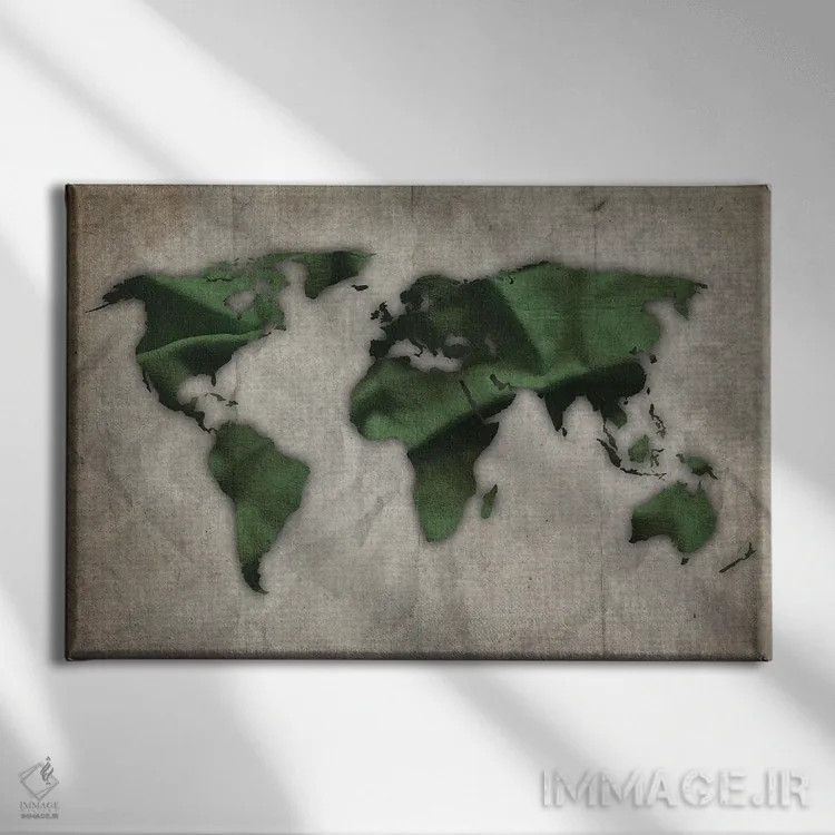 تابلو نقشه جهان سبز تیره و سبز روی کاغذ قدیمی اثر فیشرکرافت (استودیوی خلاقانه) - نمای روبهرو روی دیوار