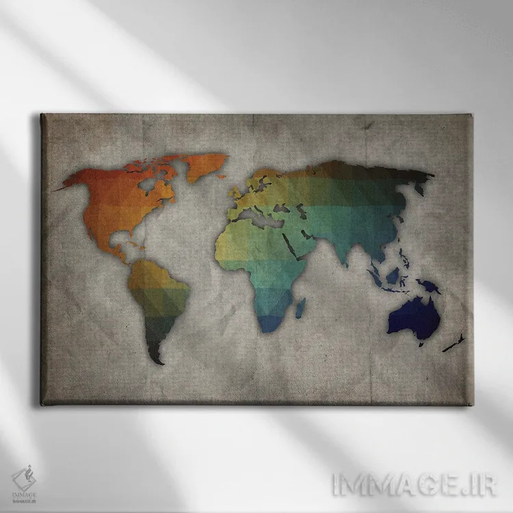 تابلو نقشه جهان نارنجی، سبز و آبی روی کاغذ قدیمی اثر فیشرکرافت (استودیوی خلاقانه) - نمای روبهرو روی دیوار