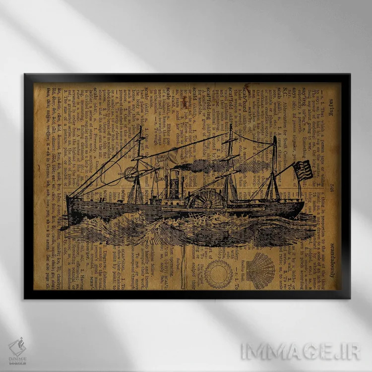 تابلو حکاکی کشتی بخار قدیمی روی کاغذ قدیمی اثر فیشرکرافت (استودیوی خلاقانه) - نمای قابدار مشکی