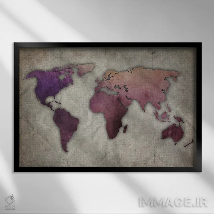 تابلو نقشه جهان بنفش و صورتی روی کاغذ قدیمی اثر فیشرکرافت (استودیوی خلاقانه) - نمای قابدار مشکی