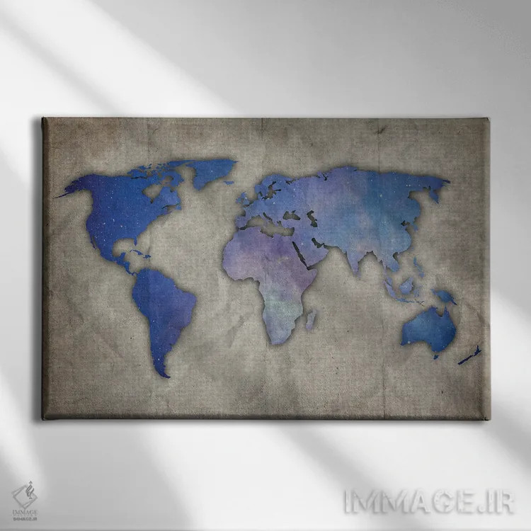 تابلو نقشه جهان آبی روشن و بنفش روی کاغذ قدیمی اثر فیشرکرافت (استودیوی خلاقانه) - نمای روبهرو روی دیوار