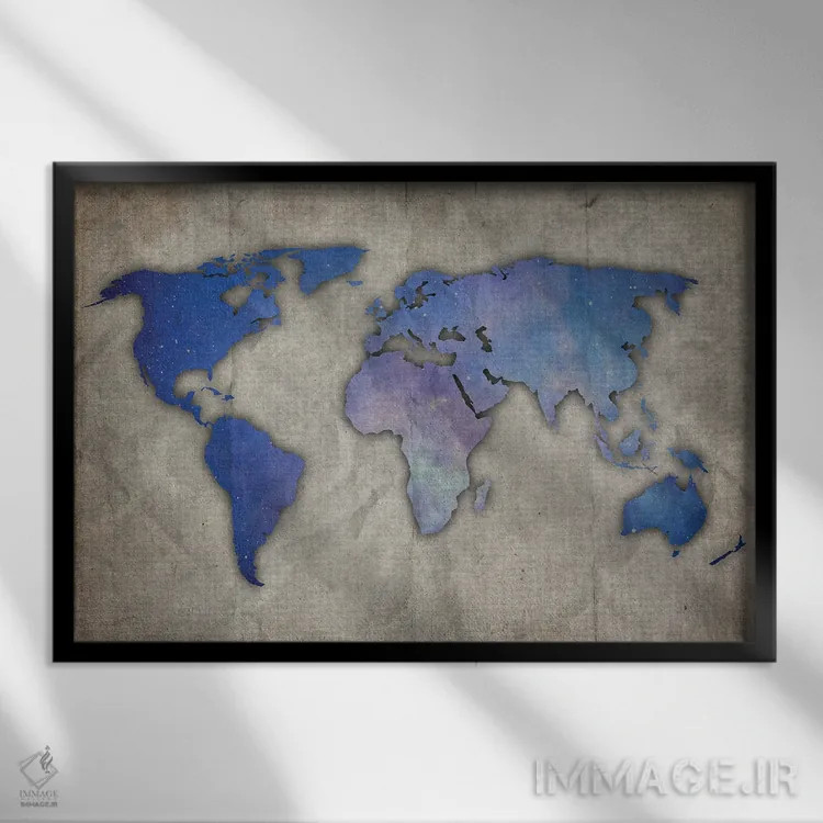 تابلو نقشه جهان آبی روشن و بنفش روی کاغذ قدیمی اثر فیشرکرافت (استودیوی خلاقانه) - نمای قابدار مشکی