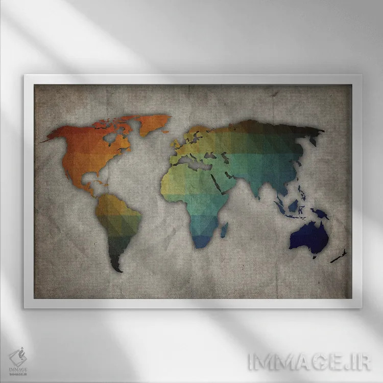 تابلو نقشه جهان نارنجی، سبز و آبی روی کاغذ قدیمی اثر فیشرکرافت (استودیوی خلاقانه) - نمای قابدار سفید
