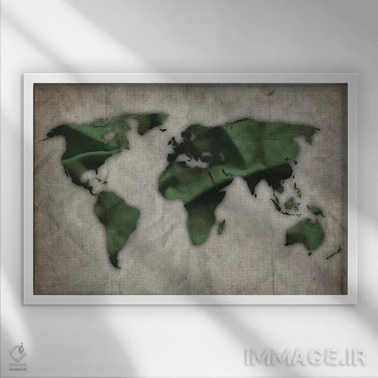 تابلو نقشه جهان سبز تیره و سبز روی کاغذ قدیمی اثر فیشرکرافت (استودیوی خلاقانه) - نمای قابدار سفید