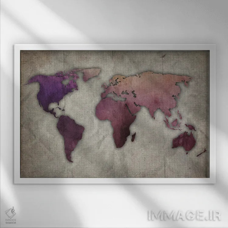 تابلو نقشه جهان بنفش و صورتی روی کاغذ قدیمی اثر فیشرکرافت (استودیوی خلاقانه) - نمای قابدار سفید