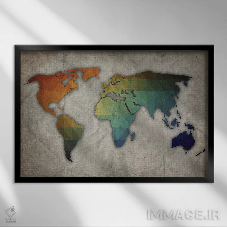 تابلو نقشه جهان نارنجی، سبز و آبی روی کاغذ قدیمی اثر فیشرکرافت (استودیوی خلاقانه) - نمای قابدار مشکی
