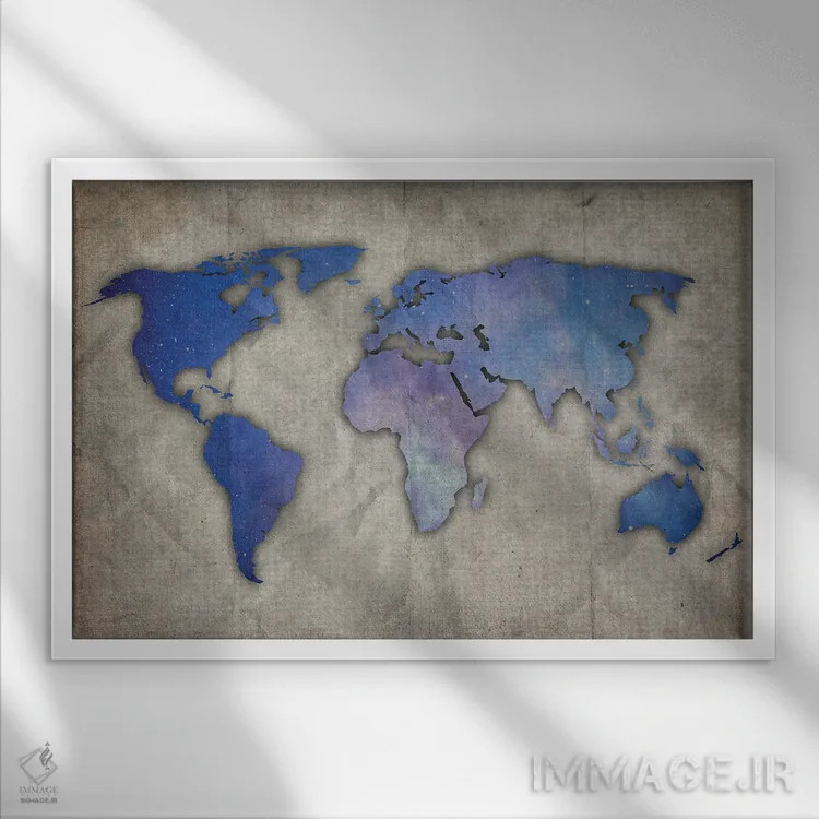 تابلو نقشه جهان آبی روشن و بنفش روی کاغذ قدیمی اثر فیشرکرافت (استودیوی خلاقانه) - نمای قابدار سفید