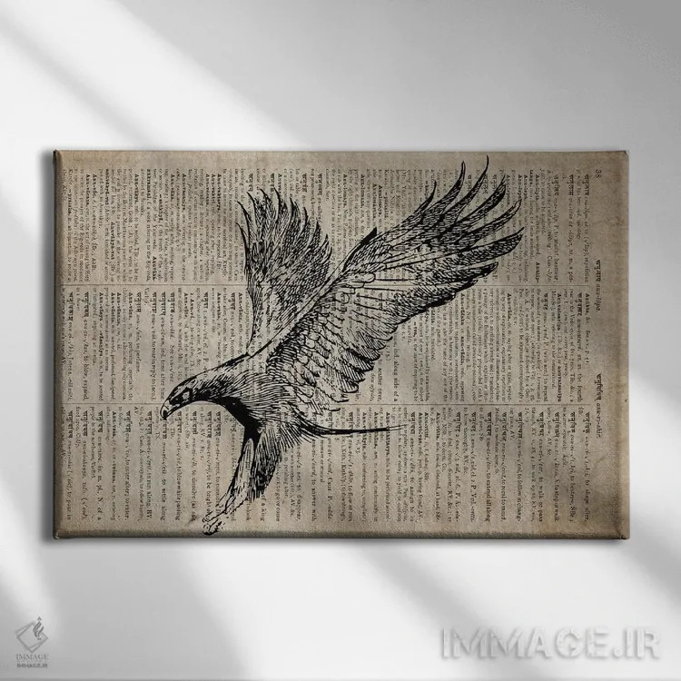 تابلو چاپ حکاکی عقاب سیزدهم روی کاغذ فرهنگ لغت قدیمی اثر فیشرکرافت (استودیوی خلاقانه) - نمای روبهرو روی دیوار