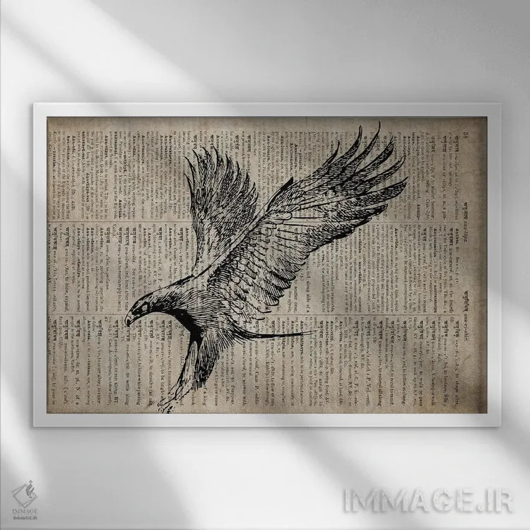 تابلو چاپ حکاکی عقاب سیزدهم روی کاغذ فرهنگ لغت قدیمی اثر فیشرکرافت (استودیوی خلاقانه) - نمای قابدار سفید
