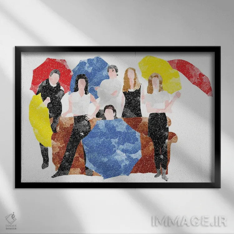 تابلو مبل و چترهای سفید سریال دوستان (Friends) اثر فیشرکرافت (استودیوی خلاقانه) - نمای قابدار مشکی