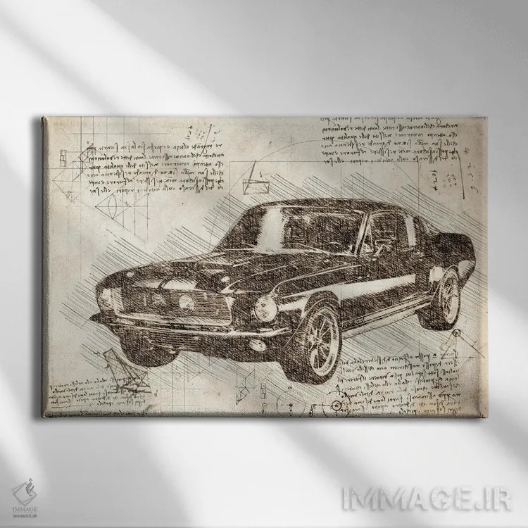 تابلو فورد ماستنگ ماسل کار ۱۹۶۷ سپیا (خودروی عضلانی کلاسیک) اثر فیشرکرافت (استودیوی خلاقانه) - نمای روبهرو روی دیوار