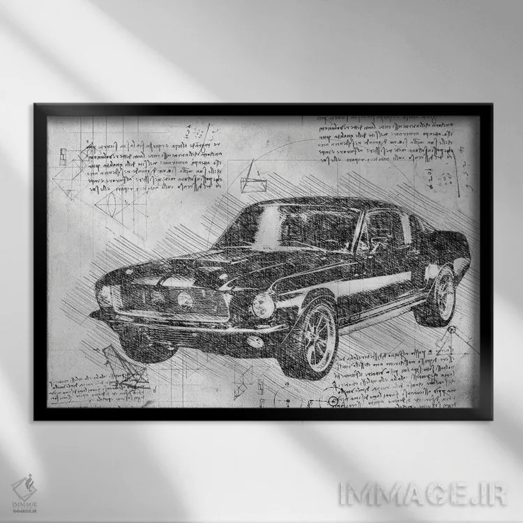 تابلو فورد ماستنگ مدل ۱۹۶۷ سیاه و سفید (خودروی ماسل) اثر فیشرکرافت (استودیوی خلاقانه) - نمای قابدار مشکی