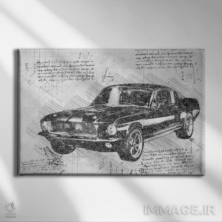 تابلو فورد ماستنگ مدل ۱۹۶۷ سیاه و سفید (خودروی ماسل) اثر فیشرکرافت (استودیوی خلاقانه) - نمای روبهرو روی دیوار