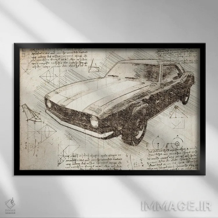 تابلو شورولت کامارو ماسل کار ۱۹۷۰ سپیا (خودروی عضلانی کلاسیک) اثر فیشرکرافت (استودیوی خلاقانه) - نمای قابدار مشکی