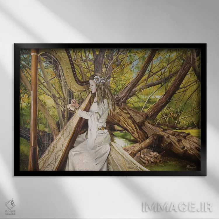 تابلو نوازنده چنگ دره اثر فیونا فرانسوا - نمای قابدار مشکی