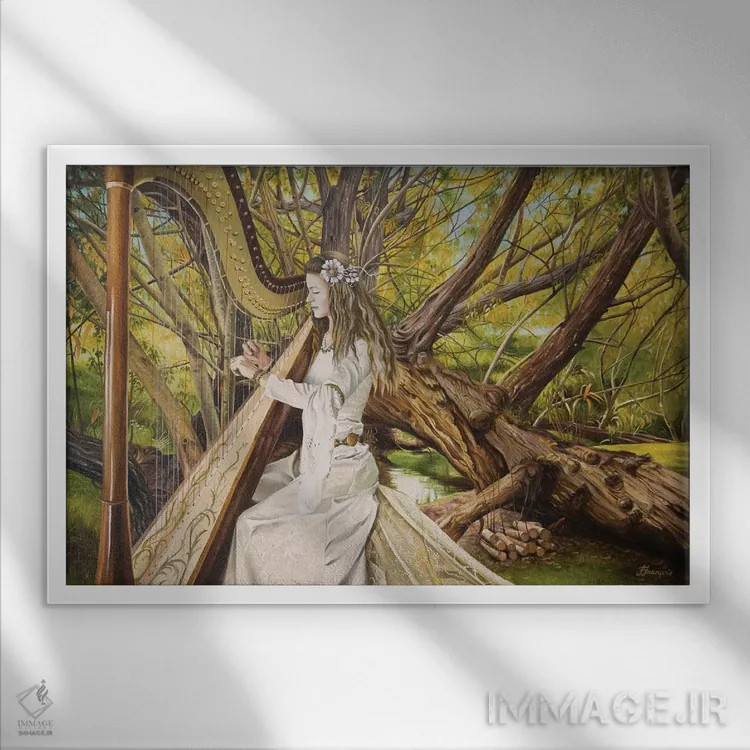 تابلو نوازنده چنگ دره اثر فیونا فرانسوا - نمای قابدار سفید