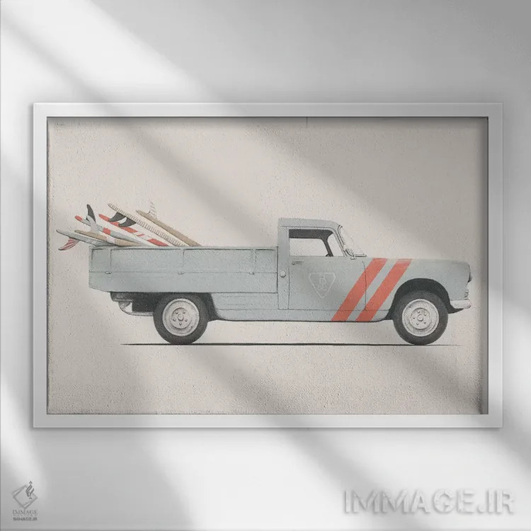 تابلو وانت (خودرو) اثر فلوران بُدار (هنرمند فرانسوی) - نمای قابدار سفید