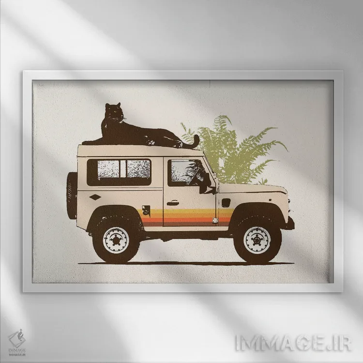 تابلو پلنگ سیاه بر روی خودرو اثر فلوران بُدار (هنرمند فرانسوی) - نمای قابدار سفید