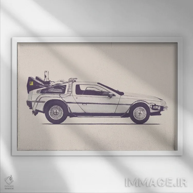 تابلو دلورین (خودرو) اثر فلوران بُدار (هنرمند فرانسوی) - نمای قابدار سفید