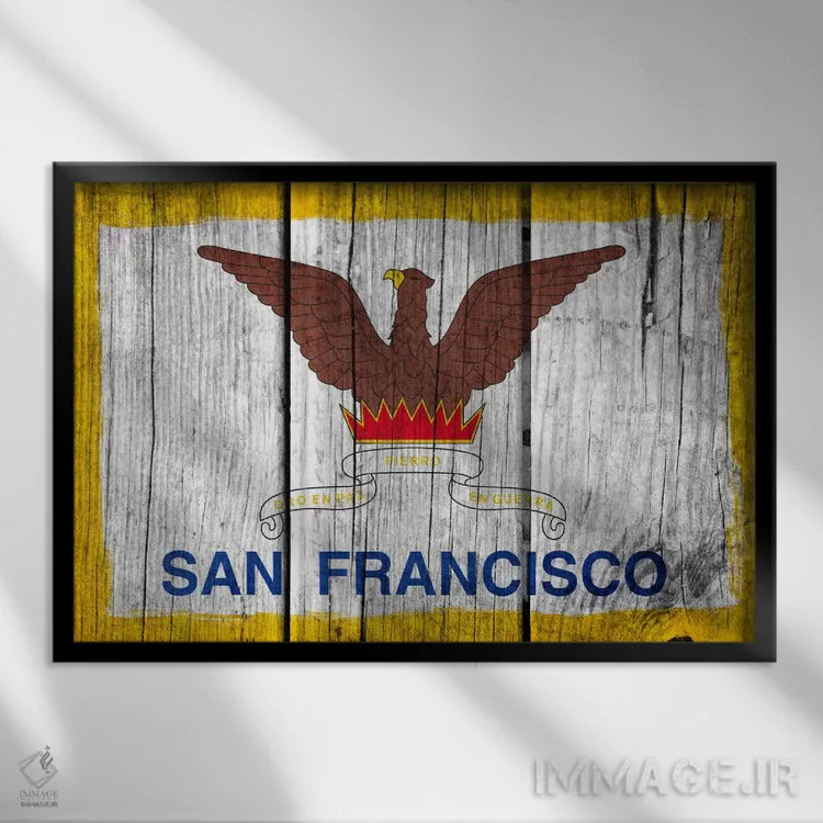 تابلو پرچم شهر سانفرانسیسکو، کالیفرنیا با رنگ تازه روی تختهچوب اثر آیکانواس (شرکت چاپ هنری) - نمای قابدار مشکی