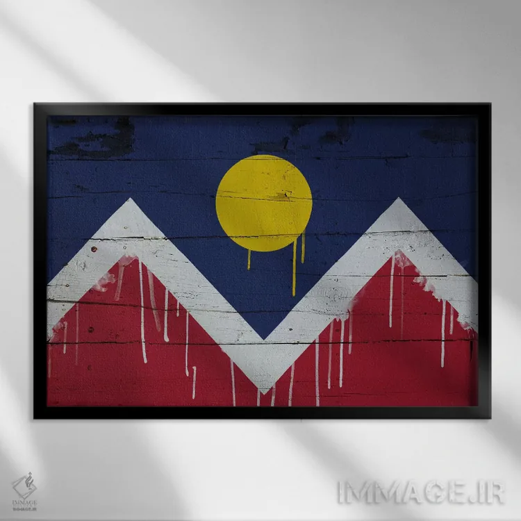 تابلو پرچم شهر دنور، کلرادو به سبک رنگ چکه روی تختهچوب اثر فایو بای فایو کالکتیو - نمای قابدار مشکی